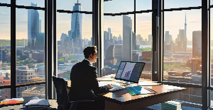 A focused financial analyst at a modern desk, examining graphs and charts on multiple screens, with a city skyline visible through bright windows.