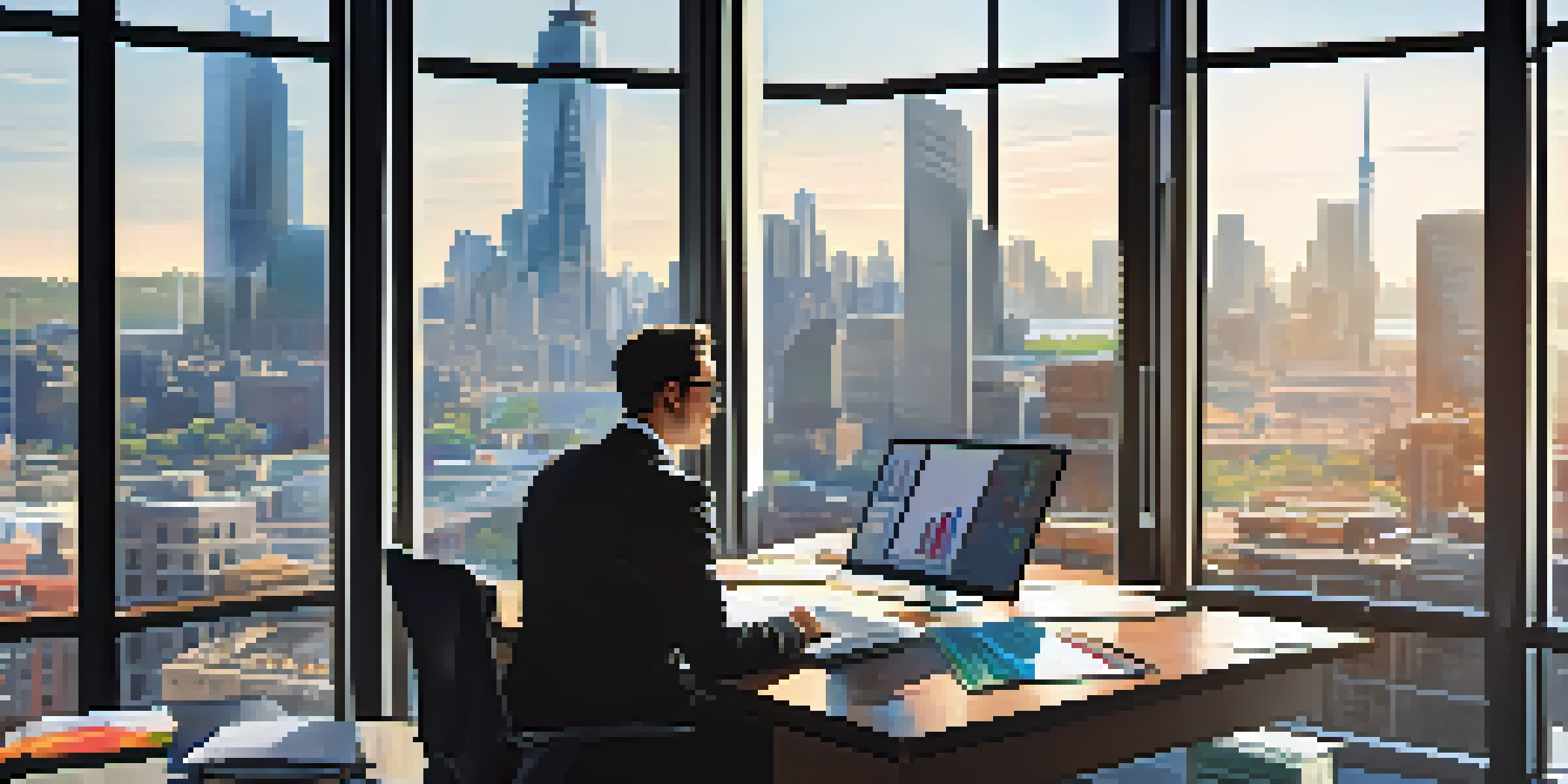 A focused financial analyst at a modern desk, examining graphs and charts on multiple screens, with a city skyline visible through bright windows.