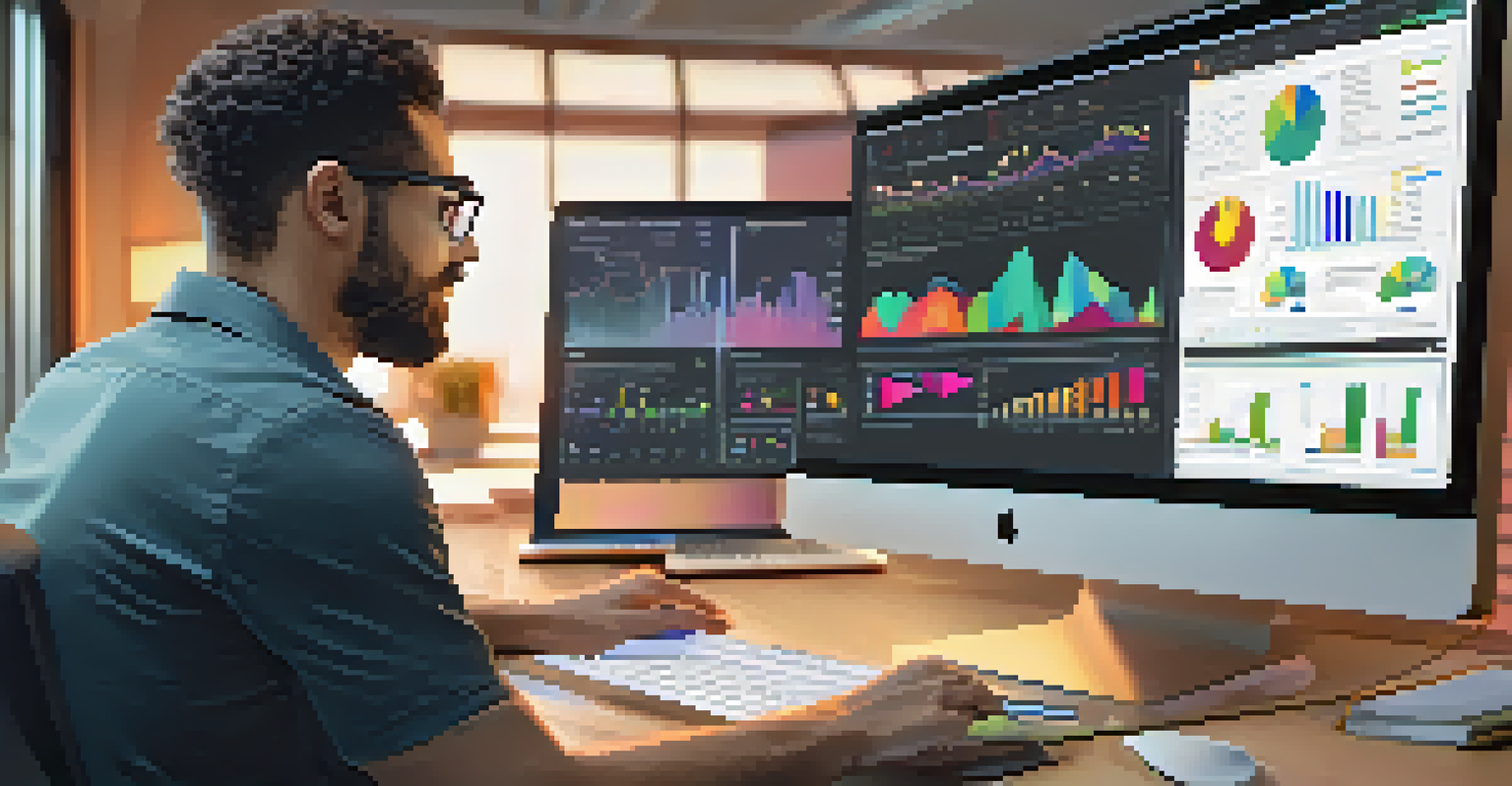 Close-up of a computer screen showing a dashboard with charts and a professional taking notes.