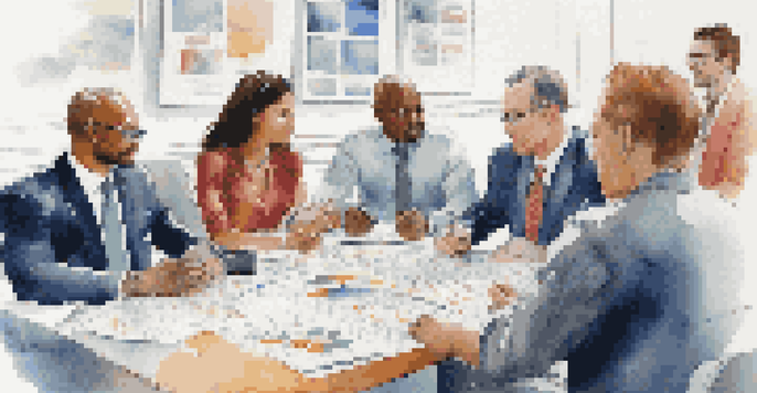 A diverse group of individuals discussing business law and consumer rights around a table in a modern office setting.