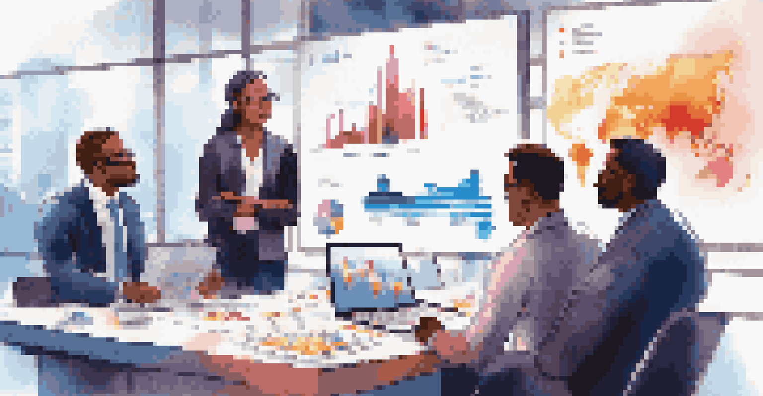 A diverse team of business professionals discussing data analytics around a table with digital charts displayed on a screen.