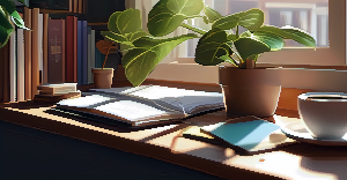 A cozy workspace with a laptop, notebooks, and a coffee cup on a wooden desk, illuminated by sunlight from a window.