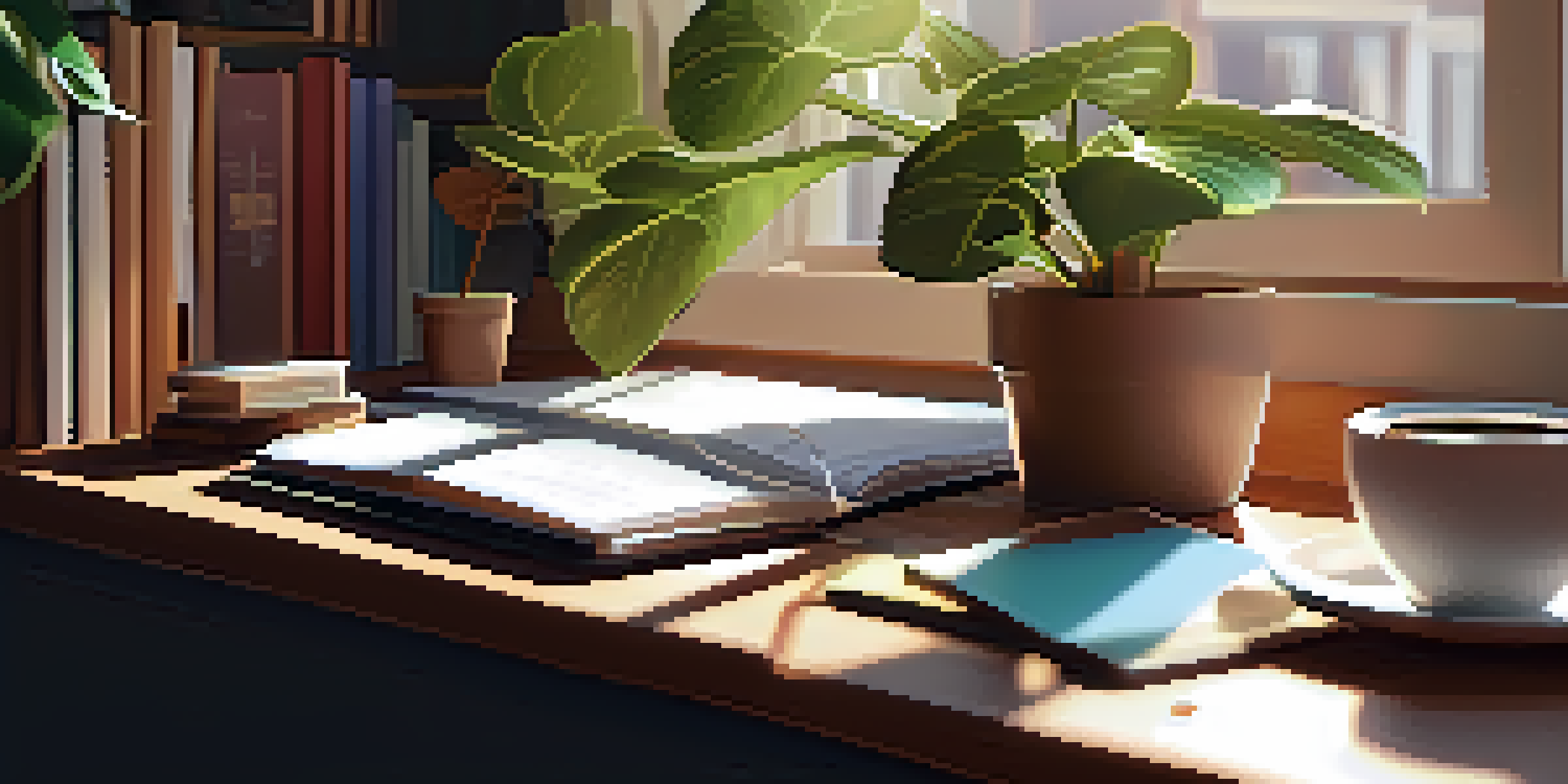 A cozy workspace with a laptop, notebooks, and a coffee cup on a wooden desk, illuminated by sunlight from a window.