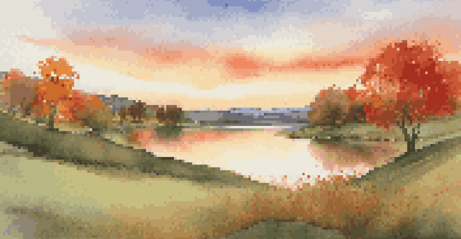 A peaceful countryside view with rolling green hills and a tranquil lake reflecting autumn colors at sunset.