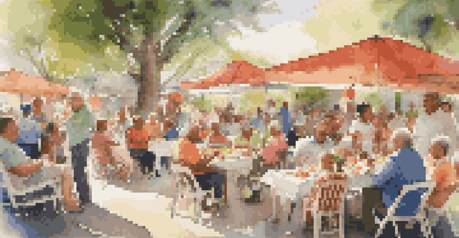 A community gathering with people enjoying food and conversation under sunlight and festive decorations.