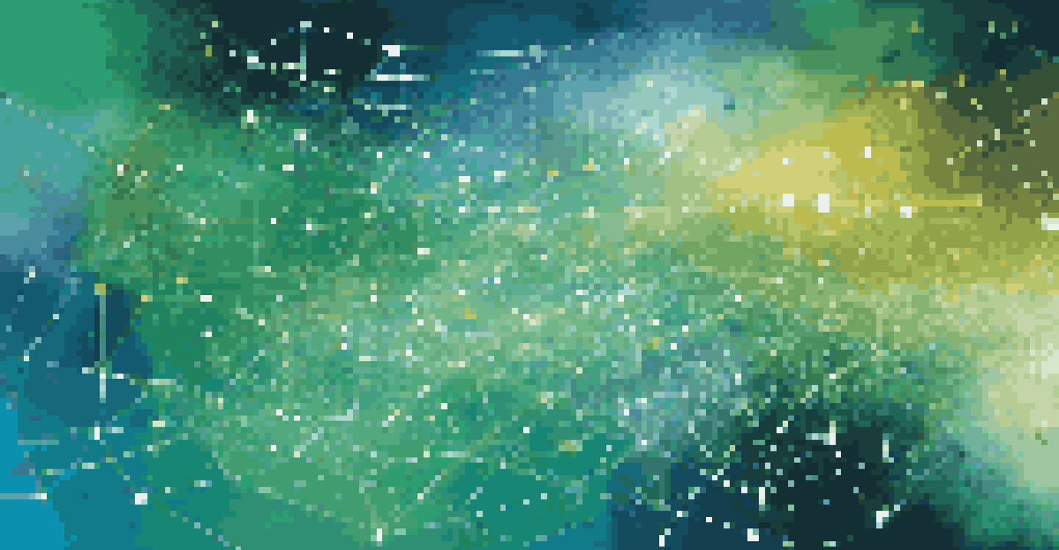An abstract visualization of interconnected data nodes and flowing lines in blue and green hues representing Business Intelligence.