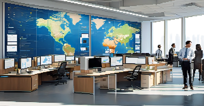 An organized shipping logistics office with a world map, monitors showing shipping routes, and professionals discussing strategies.