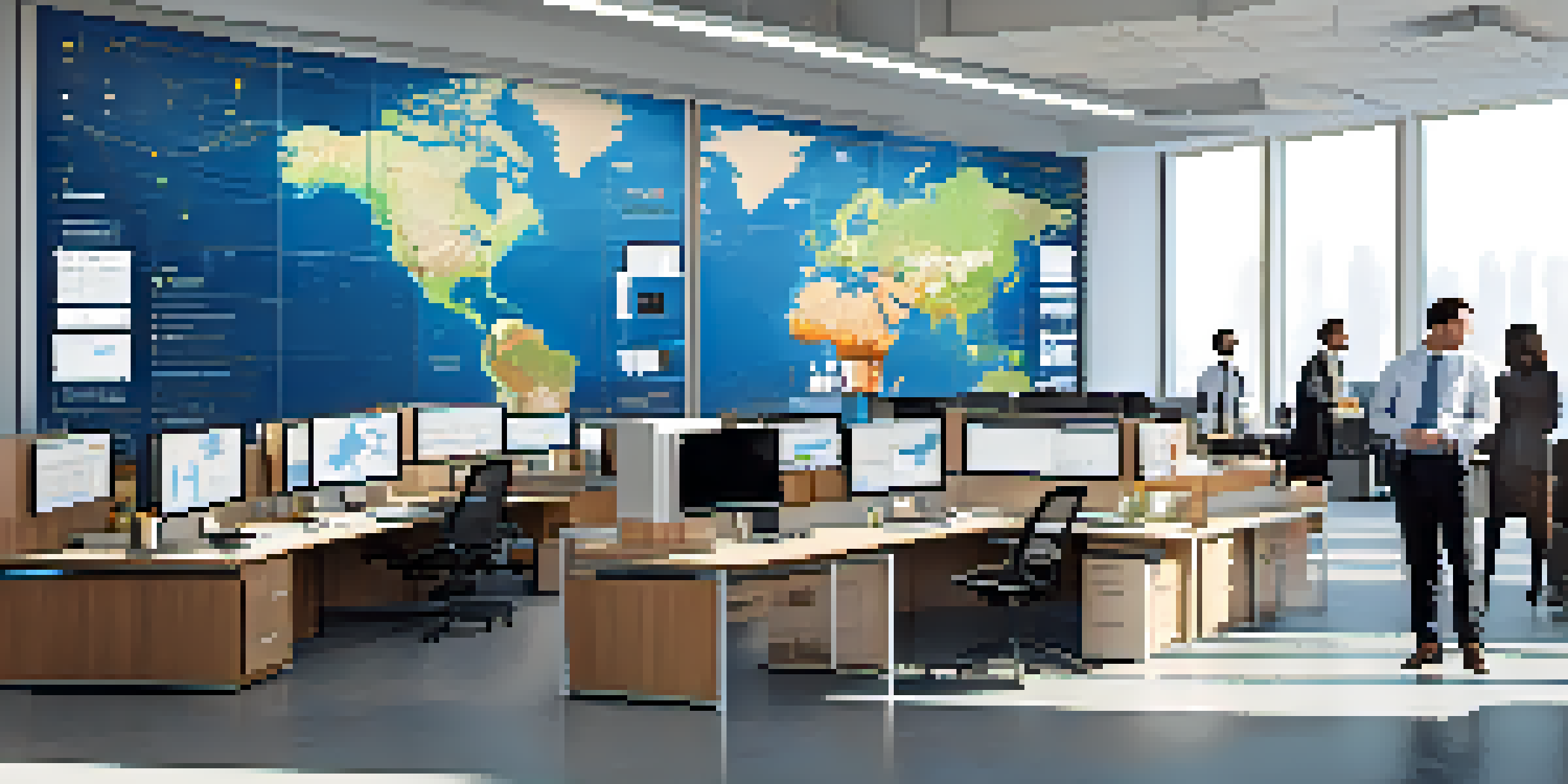 An organized shipping logistics office with a world map, monitors showing shipping routes, and professionals discussing strategies.