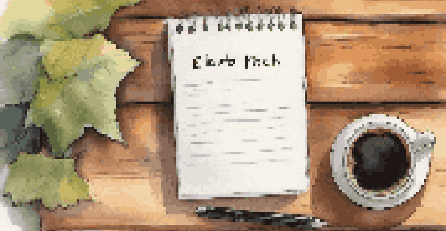 A close-up of a notepad with elevator pitch notes, coffee cup, and smartphone on a wooden table.