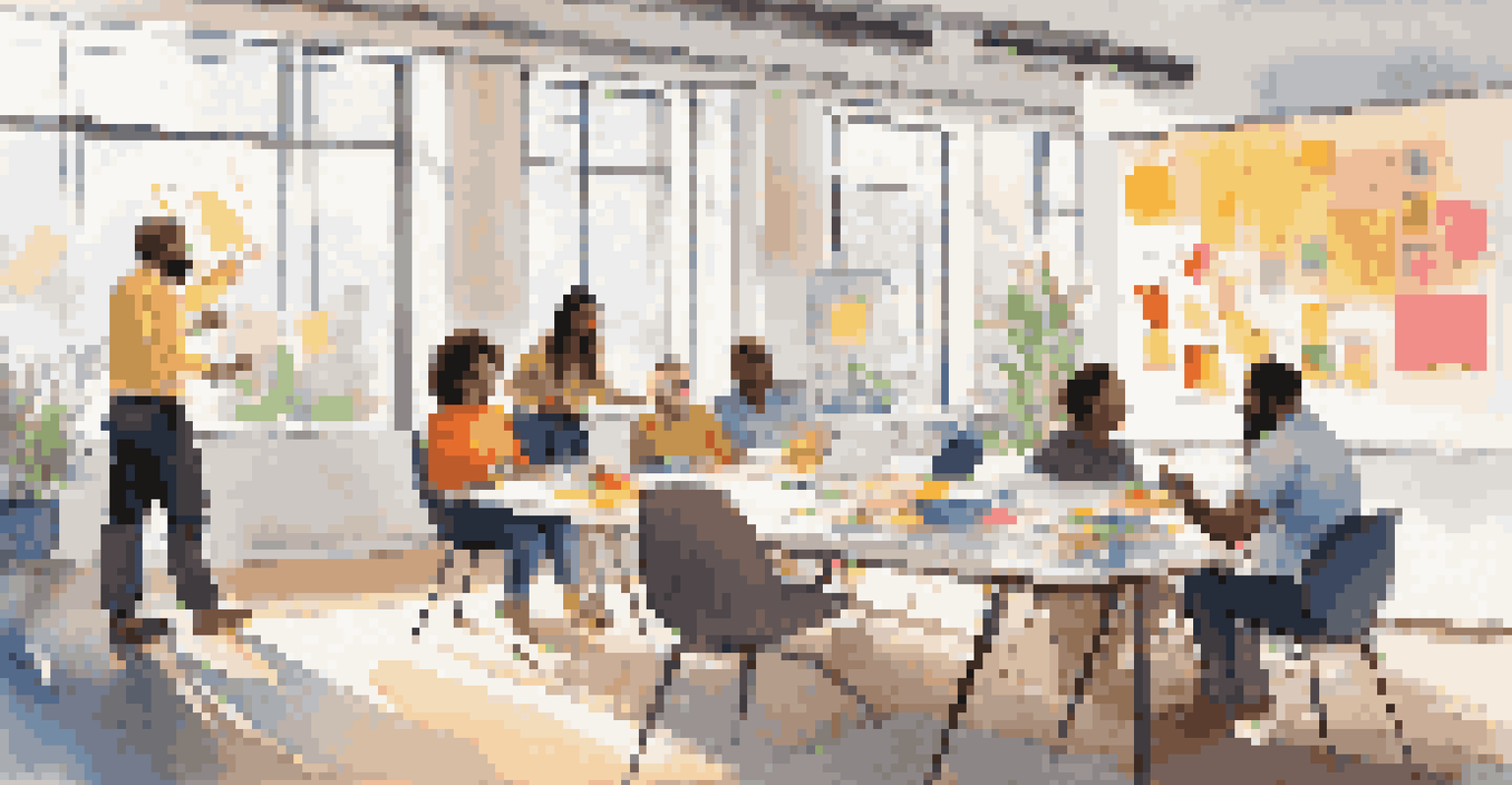 A diverse team of professionals engaged in a creative brainstorming session in a bright and colorful office environment, discussing ideas around a whiteboard.