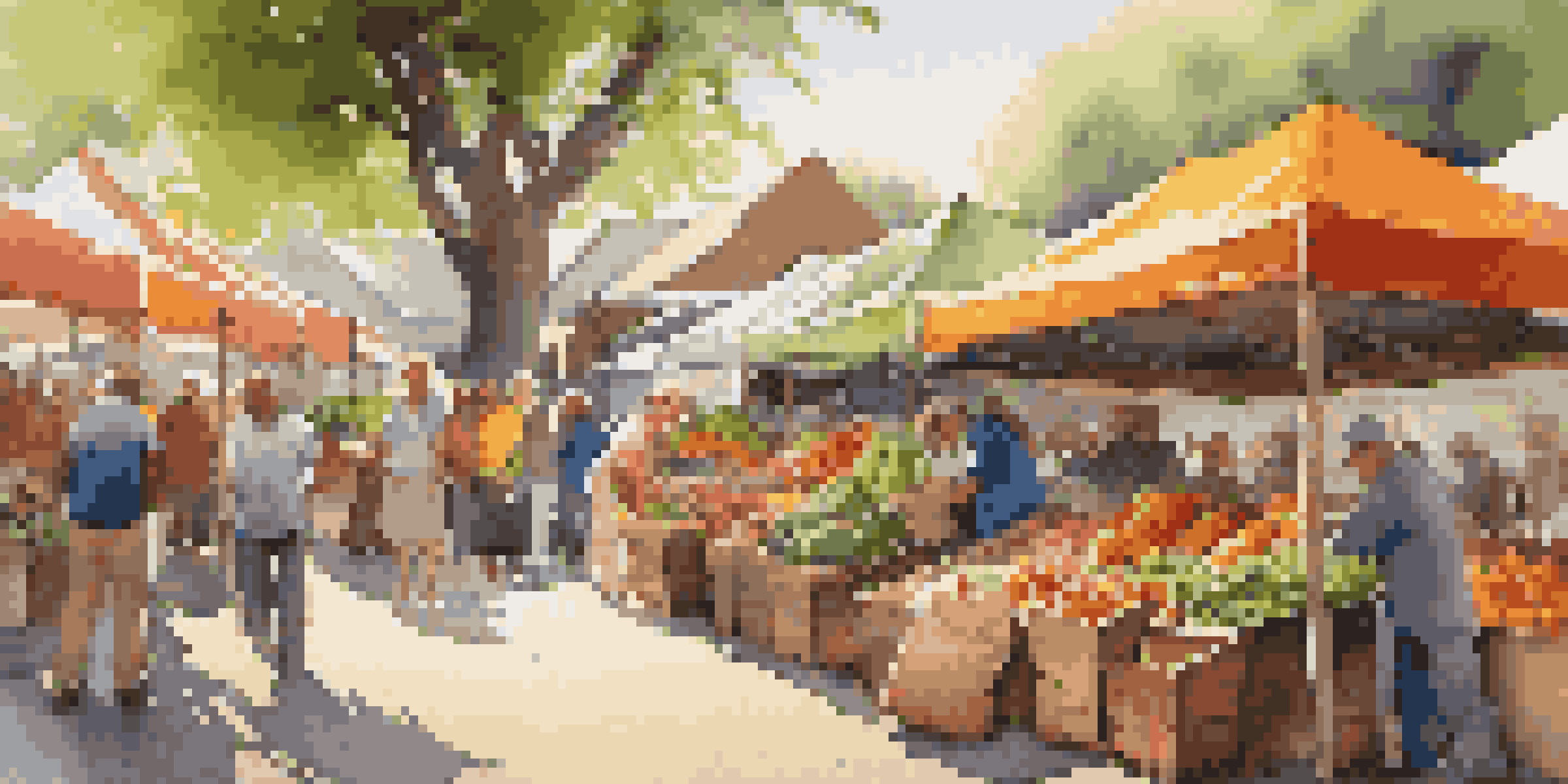 A lively farmers' market filled with colorful organic fruits and vegetables, with people engaging with local farmers under the sunlight.