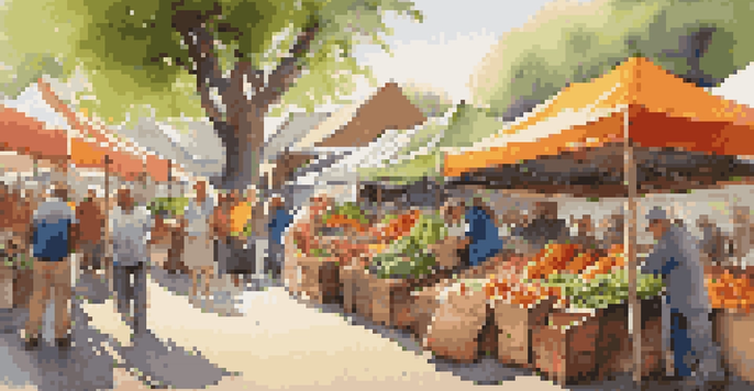 A lively farmers' market filled with colorful organic fruits and vegetables, with people engaging with local farmers under the sunlight.