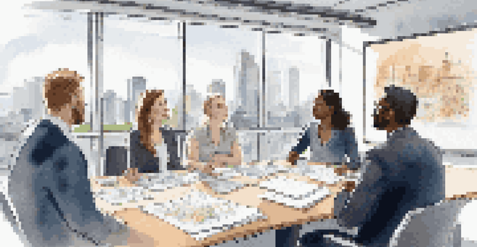 A diverse team meeting in a bright office, discussing strategies on a whiteboard.