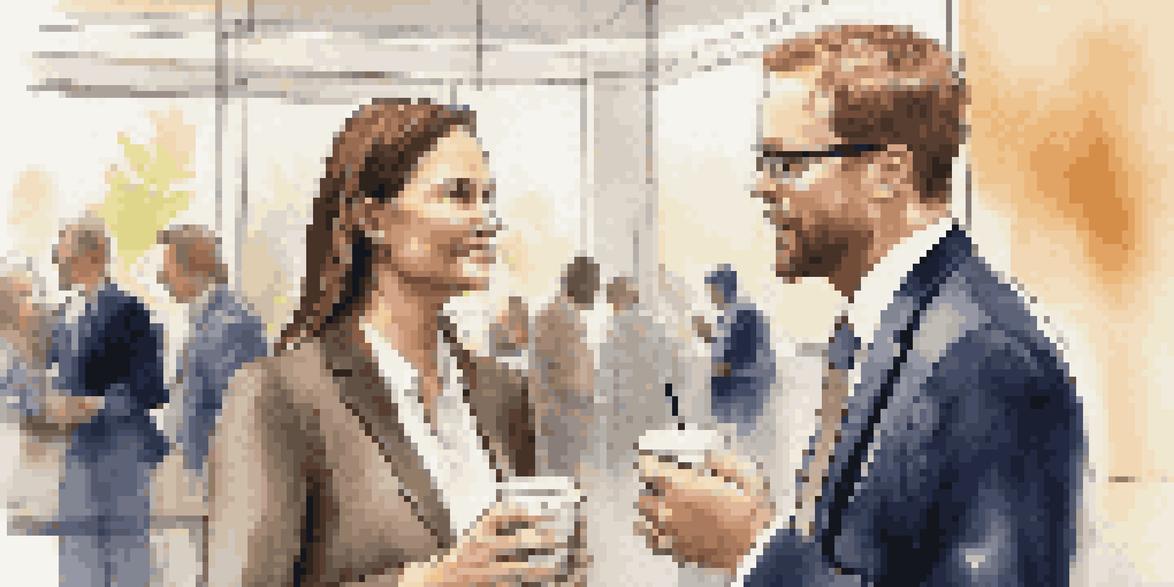 Two professionals having a meaningful conversation at a networking event, with a blurred background of a busy conference room.