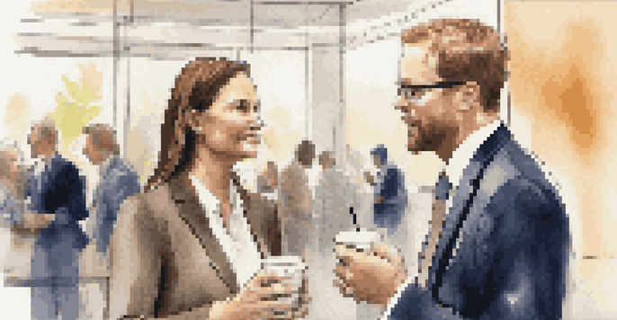 Two professionals having a meaningful conversation at a networking event, with a blurred background of a busy conference room.