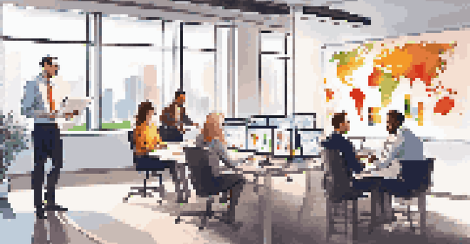 A diverse team of sales professionals working together in a bright office, discussing strategies with laptops and charts around them.