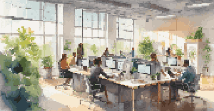 A bright modern office with employees discussing data analysis around a collaborative workspace.