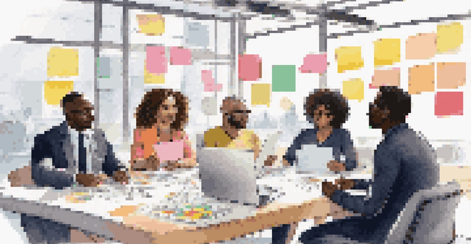A group of diverse professionals collaborating around a table, engaged in a brainstorming session with post-it notes and laptops.