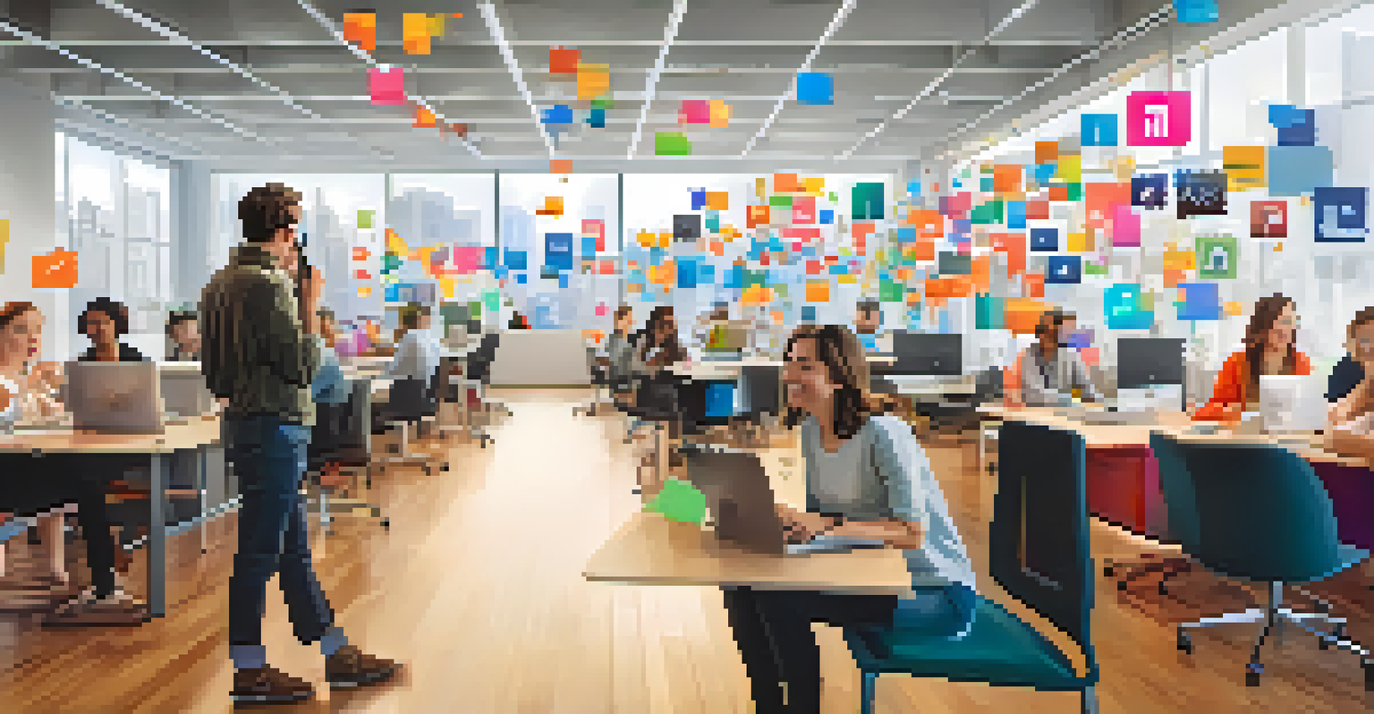 A person interacting on social media in a bright office, surrounded by colorful notifications and comments about online reputation.