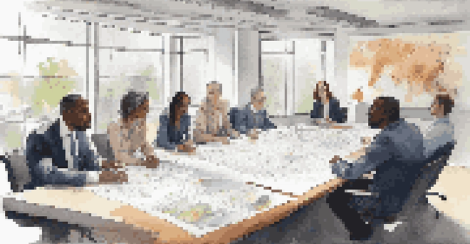 A group of diverse professionals discussing crisis analysis around a conference table, with charts and reports visible.