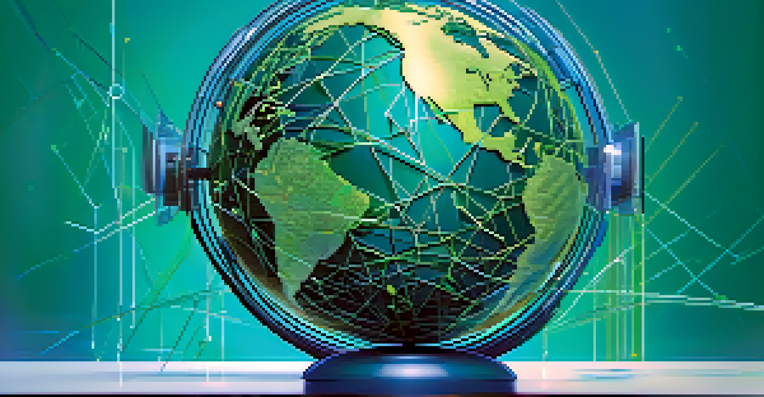 An abstract digital globe with interconnected lines and icons representing intellectual property, set against a blue and green gradient background.