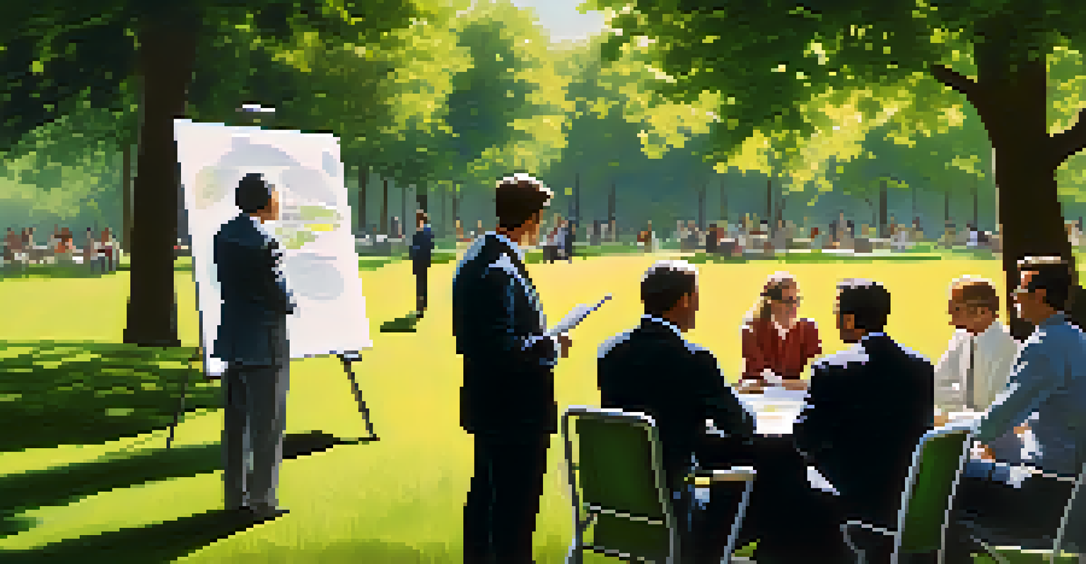 A diverse group of professionals having a business meeting outdoors in a park, with a flip chart and sunlight filtering through the trees.