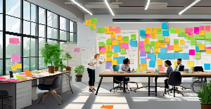 A diverse team brainstorming in a bright office, surrounded by sticky notes and a whiteboard.