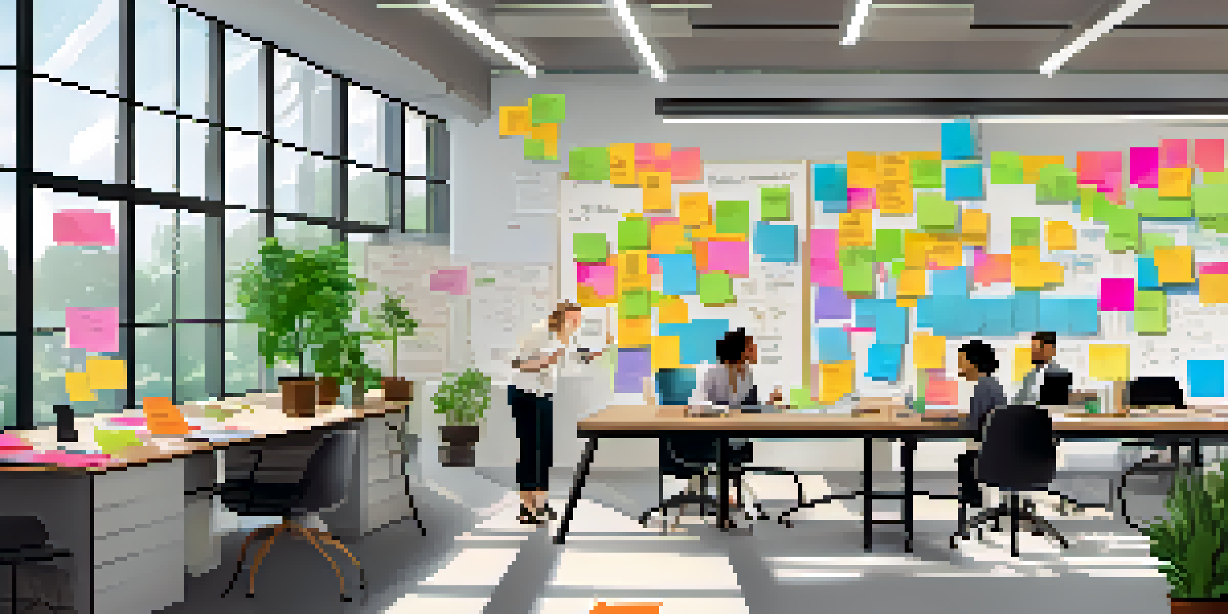 A diverse team brainstorming in a bright office, surrounded by sticky notes and a whiteboard.