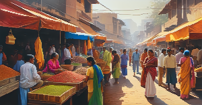 A lively street market in India filled with colorful spices, textiles, and fresh fruits, with people shopping and interacting.