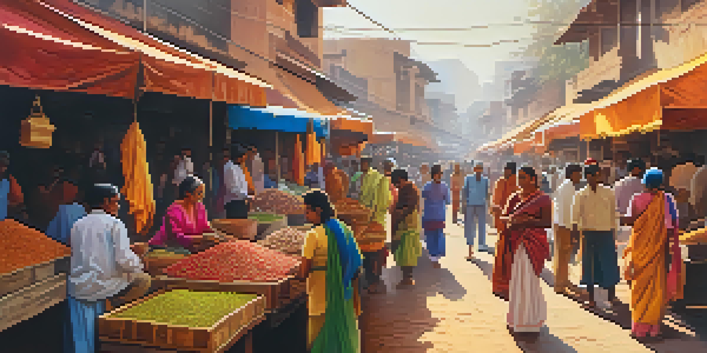 A lively street market in India filled with colorful spices, textiles, and fresh fruits, with people shopping and interacting.