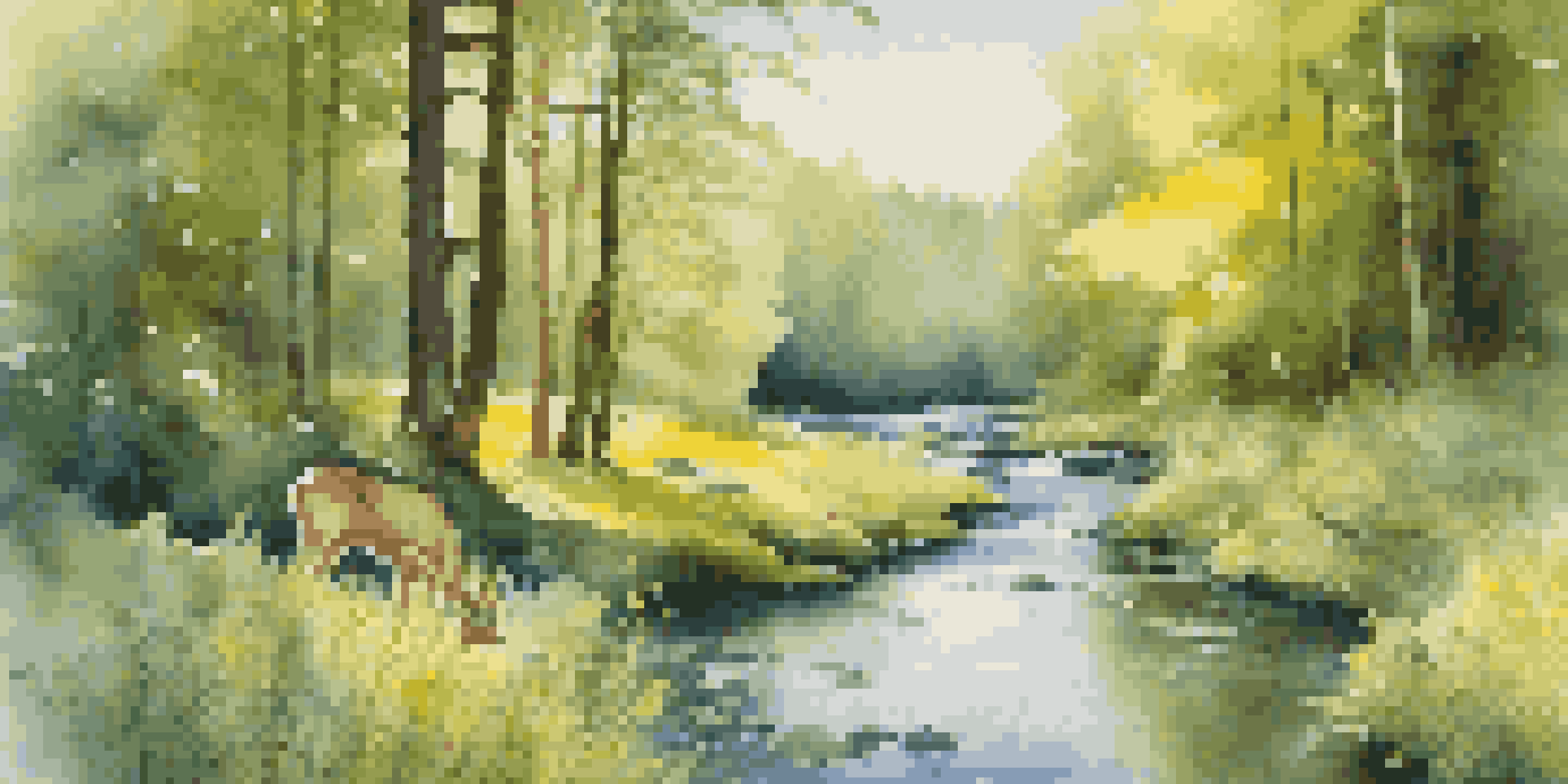 A tranquil forest scene with sunlight shining through trees, a clear stream, and wildlife like deer and birds, surrounded by blooming wildflowers.