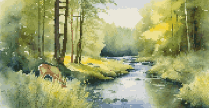 A tranquil forest scene with sunlight shining through trees, a clear stream, and wildlife like deer and birds, surrounded by blooming wildflowers.