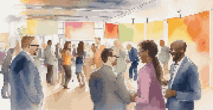 A diverse group of professionals conversing at a networking event, surrounded by colorful banners and soft lighting.