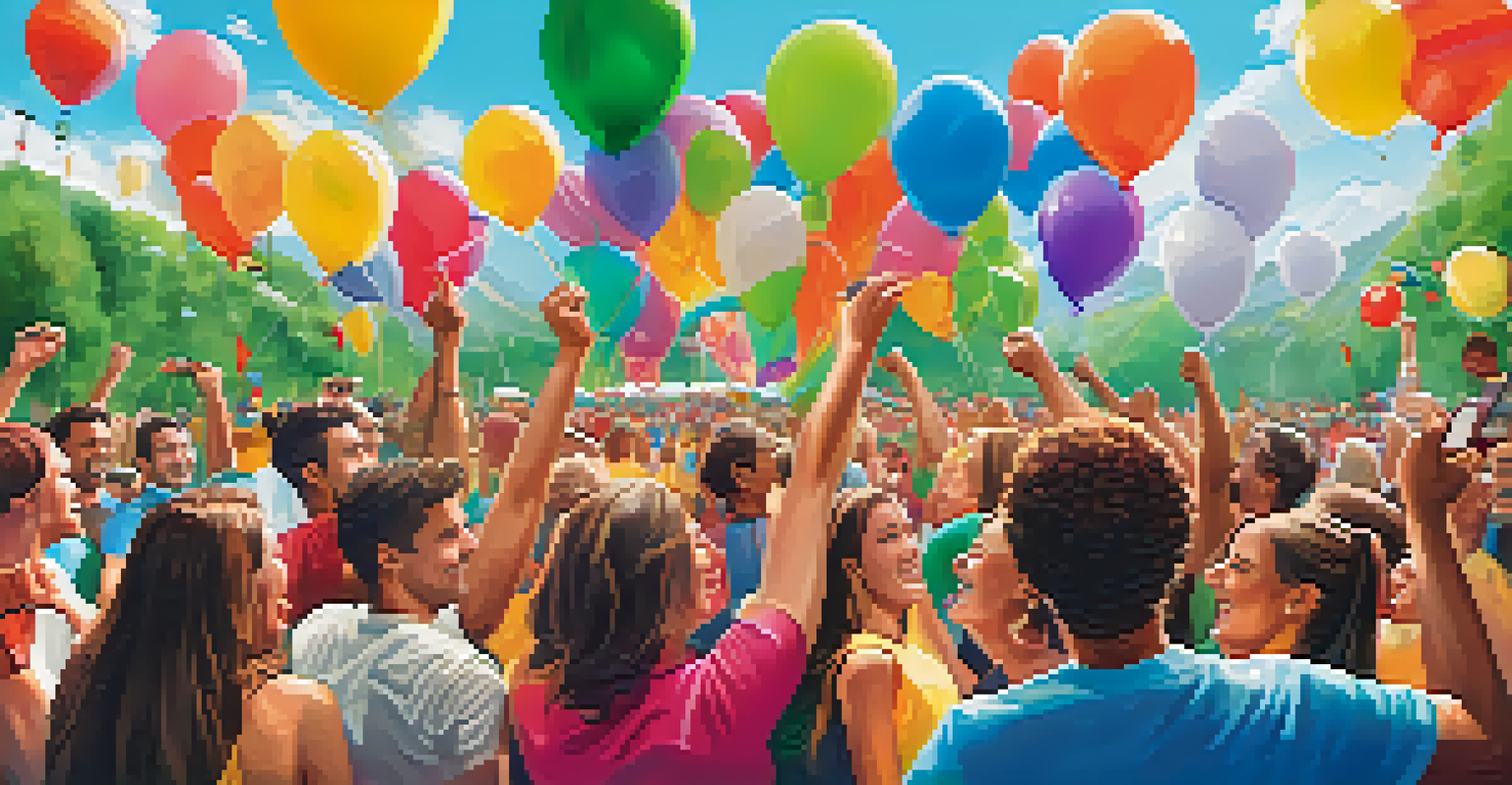 A lively outdoor team-building event with employees participating in activities, surrounded by nature and colorful decorations.