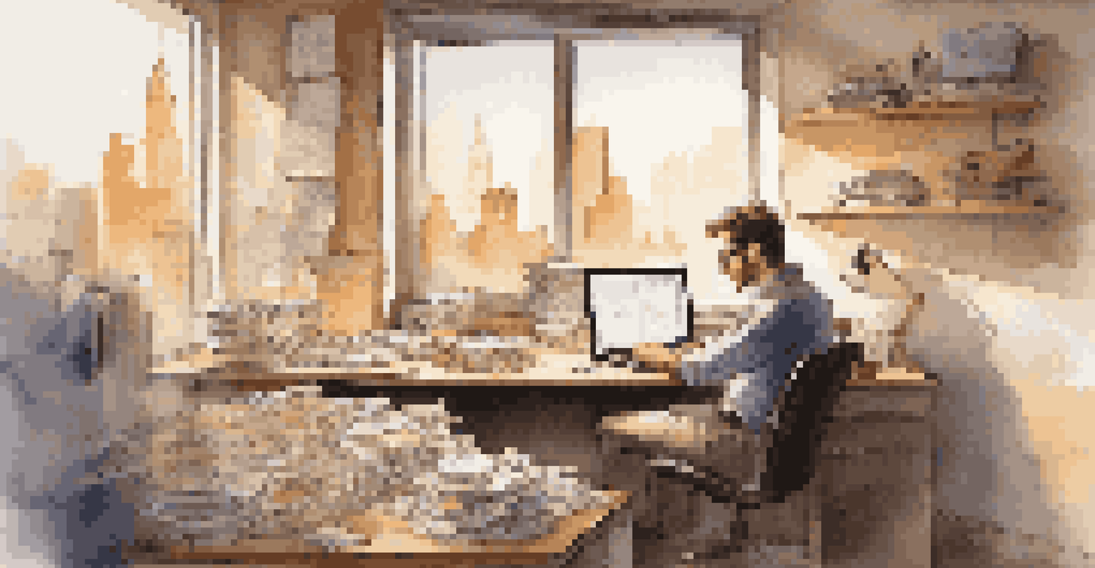 An entrepreneur at a cluttered desk, reflecting on their journey with a cityscape visible outside.
