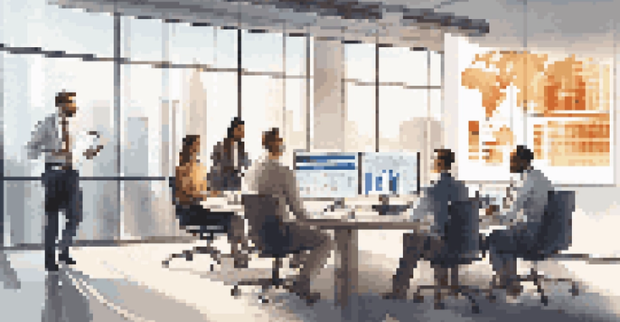 A diverse team of professionals discussing regulatory compliance in a modern office with digital screens.