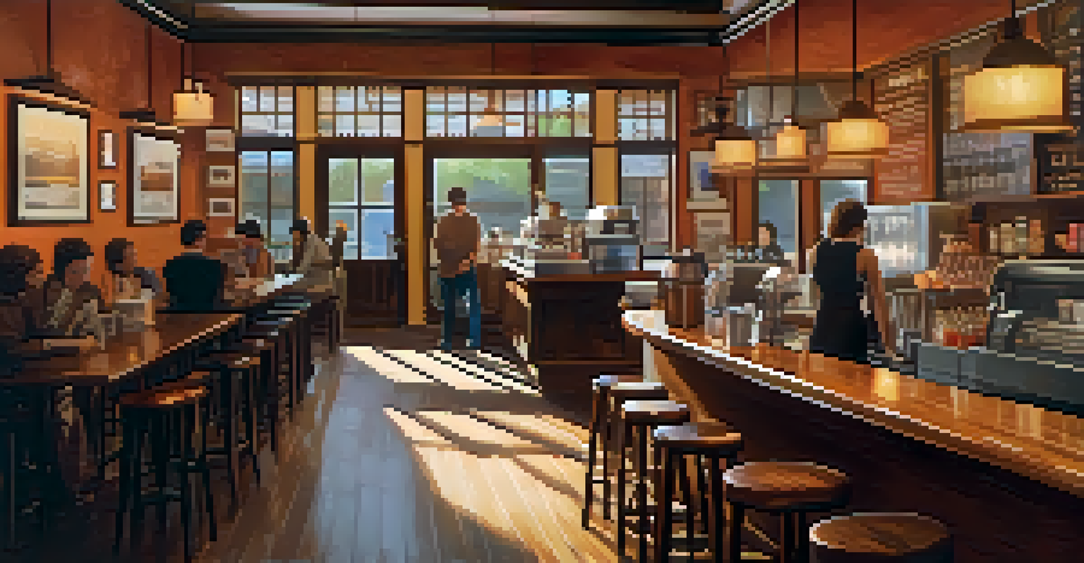 A cozy coffee shop interior with warm lighting, wooden furniture, and patrons enjoying their drinks.