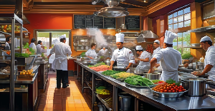 A chef in a busy restaurant kitchen, surrounded by fresh ingredients and cooking pots, with a chalkboard and street view in the background.