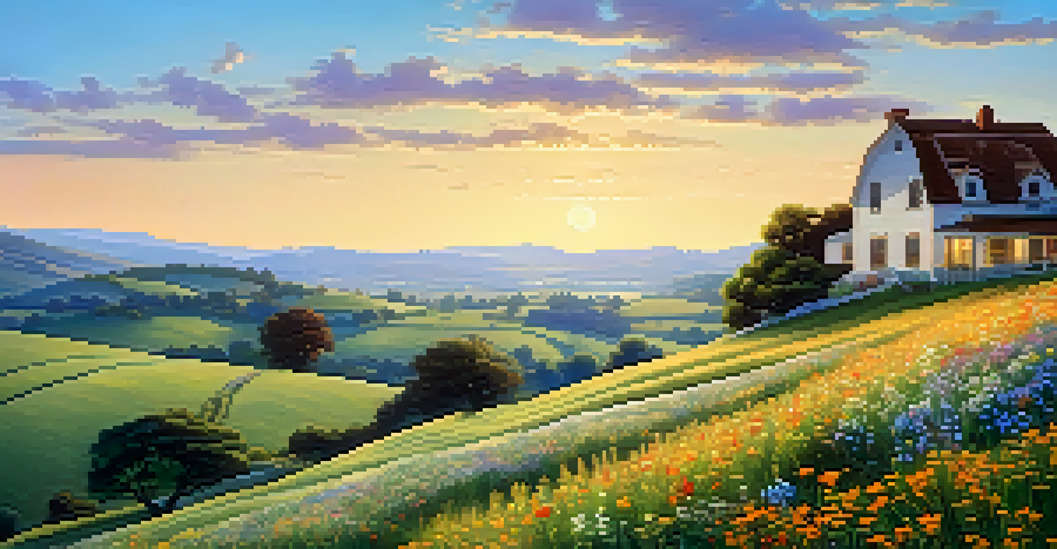 A scenic view of rolling hills, wildflowers, and a farmhouse under a clear blue sky during golden hour.