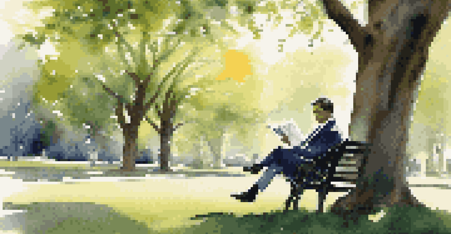 A business professional reading a legal book in a park with sunlight filtering through the trees.