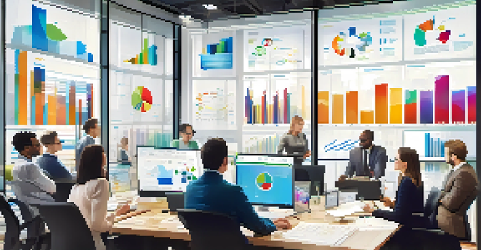 A bright modern office with HR professionals discussing data analytics displayed on a screen.