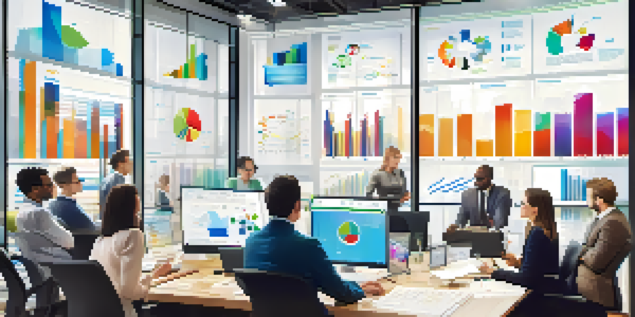 A bright modern office with HR professionals discussing data analytics displayed on a screen.