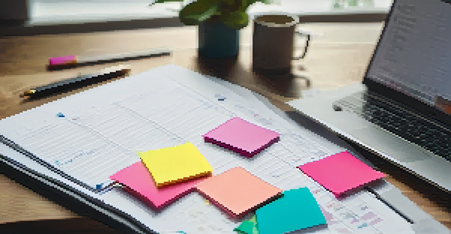 A close-up of an open business planner on a desk with sticky notes, a pen, and a coffee cup, creating an organized workspace.