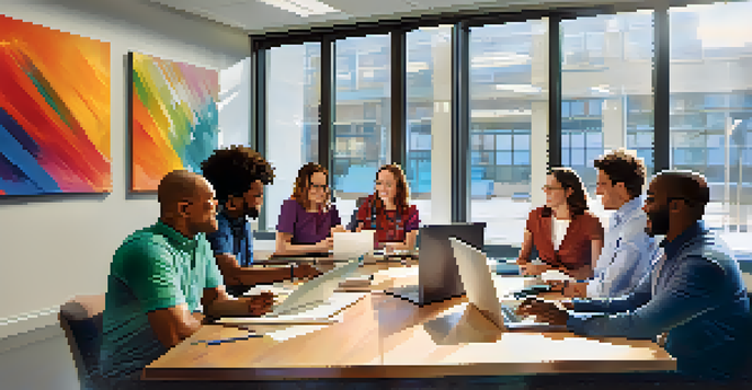 A diverse group of employees collaborating in a bright office, sharing ideas around a table with laptops and notepads.