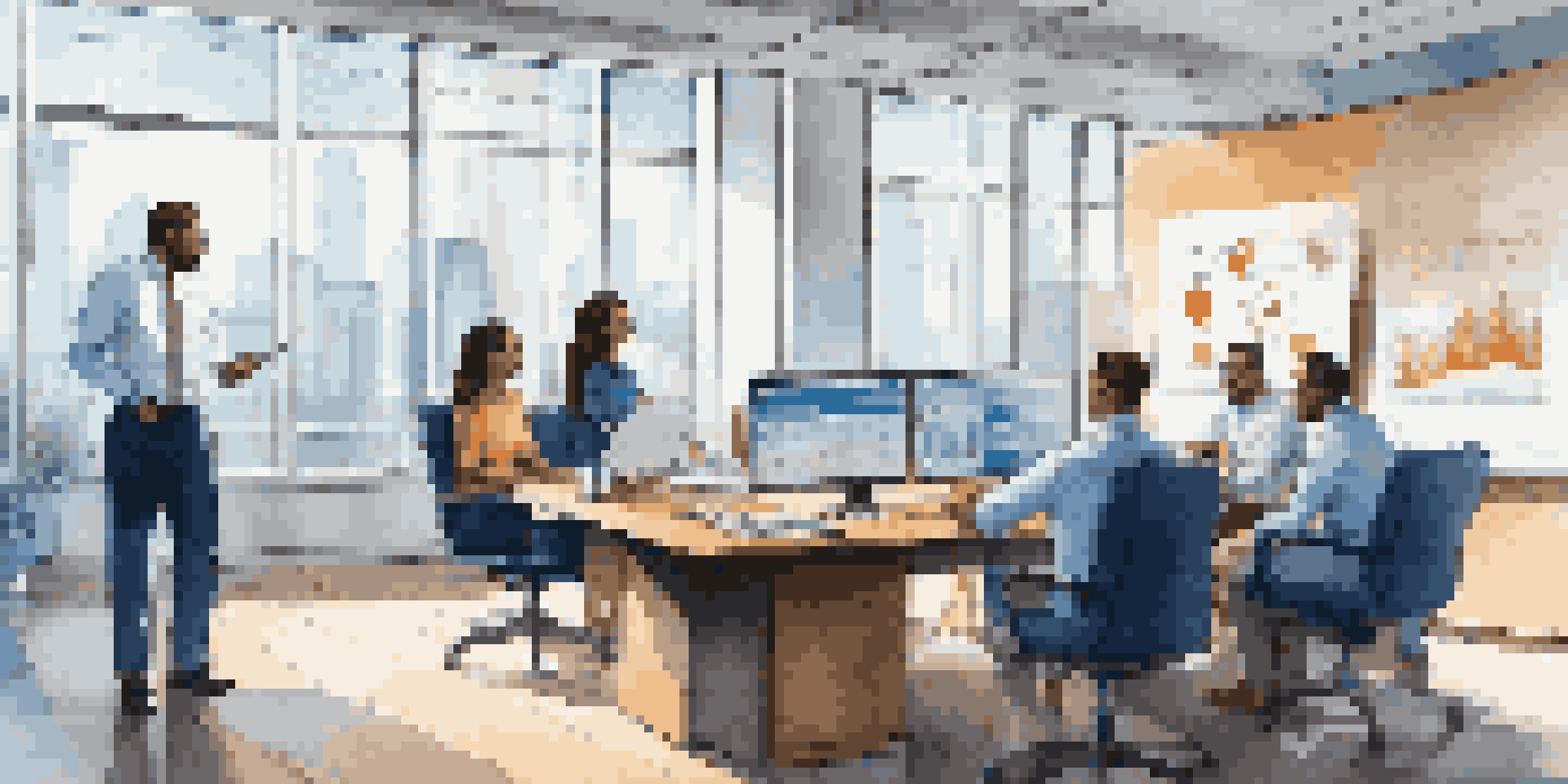 A diverse group of professionals in a bright corporate office discussing financial strategies, with charts and graphs visible on a screen in the background.