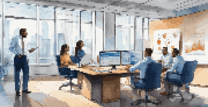 A diverse group of professionals in a bright corporate office discussing financial strategies, with charts and graphs visible on a screen in the background.