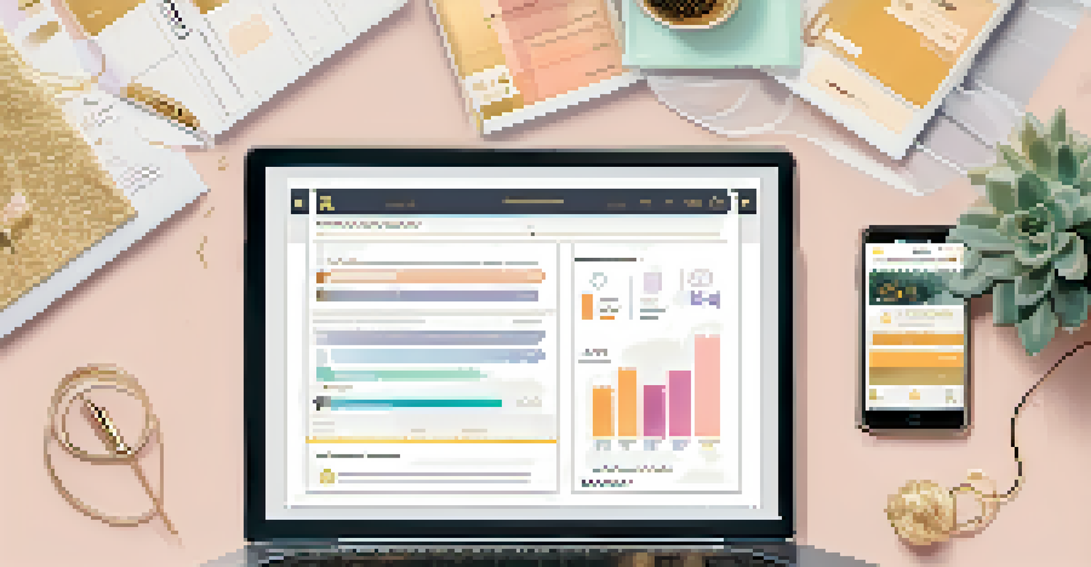 A flat lay of a marketing proposal, smartphone, and laptop showing engagement metrics in soft pastel colors.