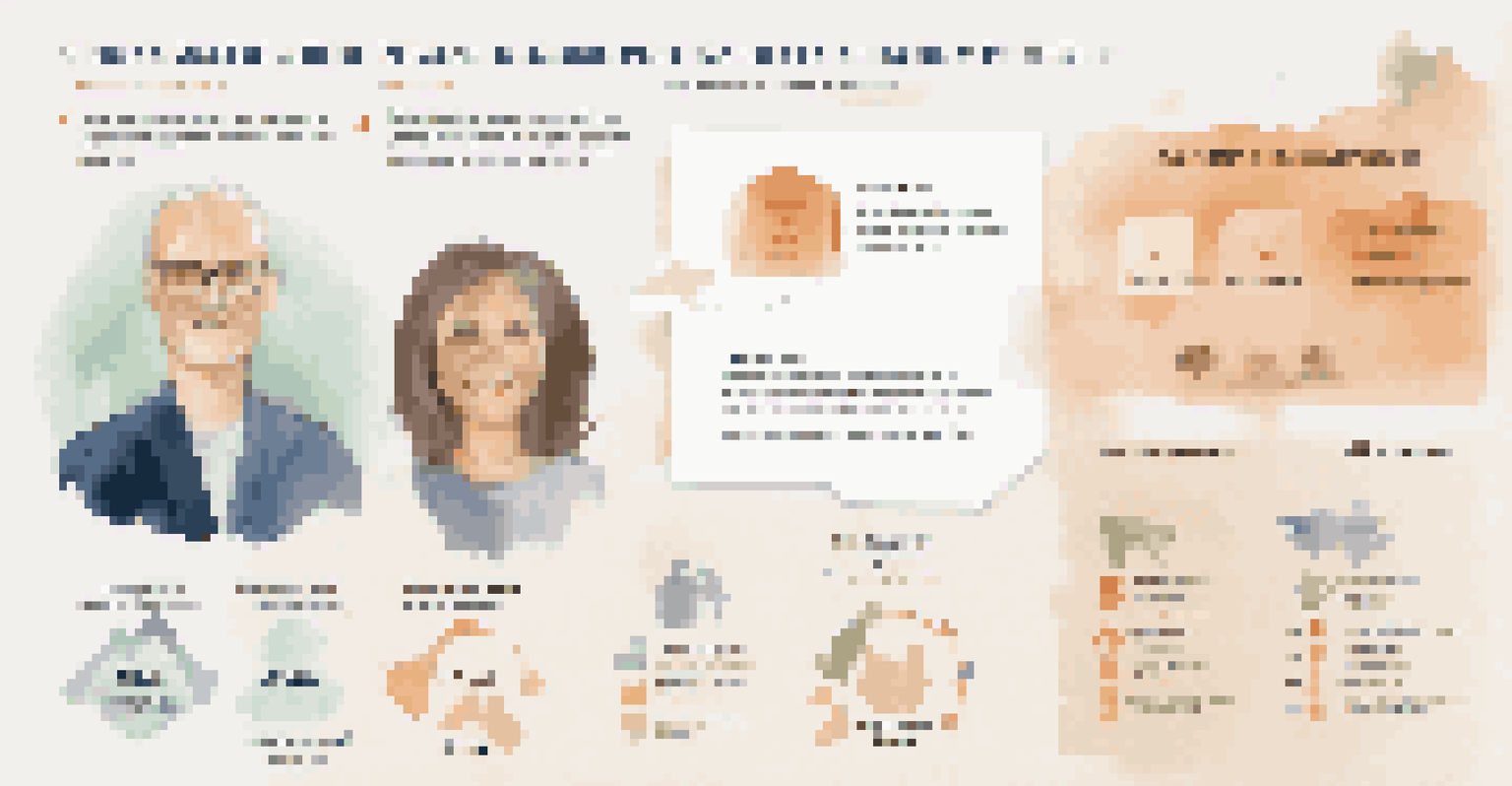 An infographic displaying a detailed buyer persona profile with a name, age, interests, and goals, set against a soft-colored background.