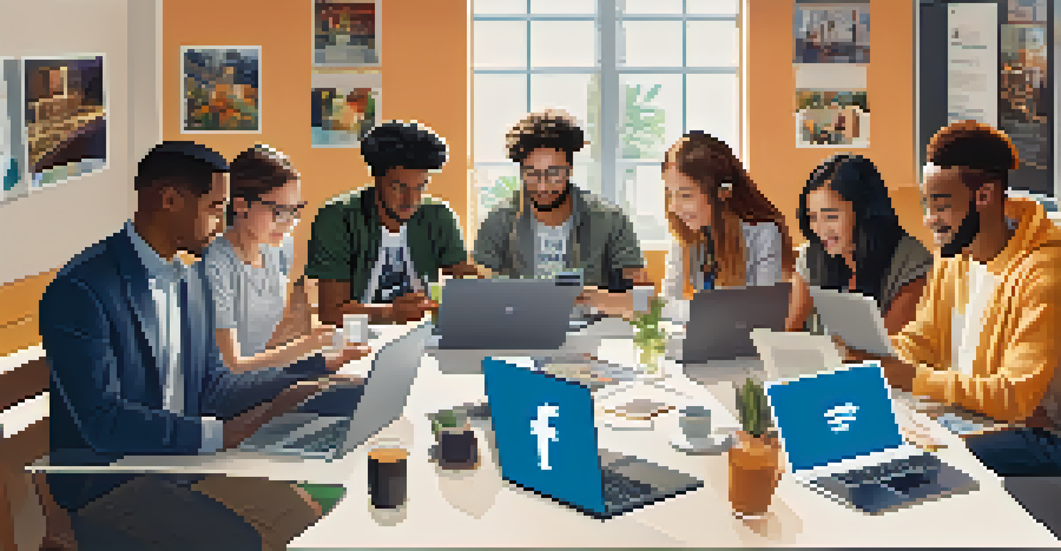 A group of diverse individuals discussing social media content around a table with digital devices.