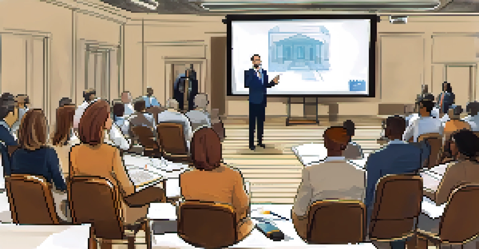 A speaker leading an ethical leadership workshop with an engaged audience taking notes in a well-lit room.